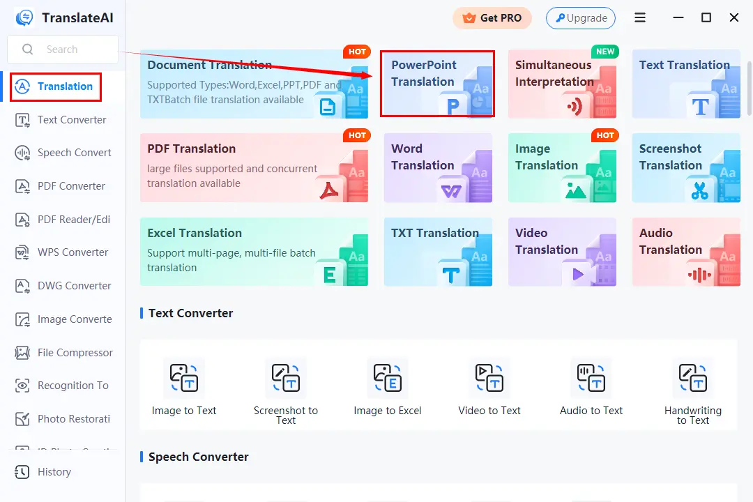 choose powerpoint translator in workintool translateai