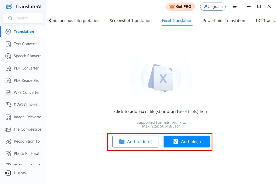 click add file to import excel files to translateai