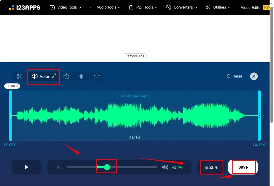 how to increase audio volume online in 123 apps 2