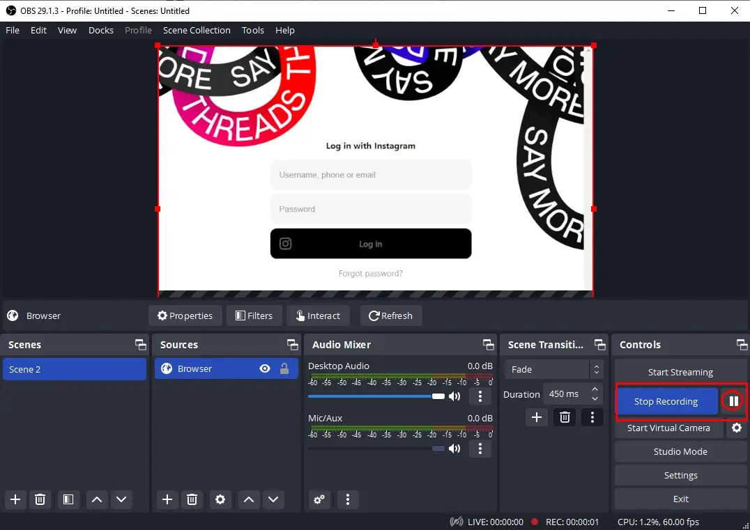 how to screen record threads video with obs 3