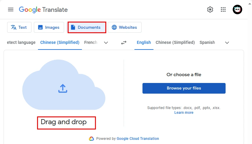 choose documents and upload your file to translate in google translate