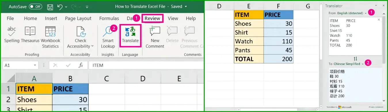 how to translate in excel file