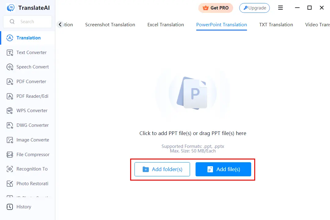 import ppt files in powerpoint translator of translateai