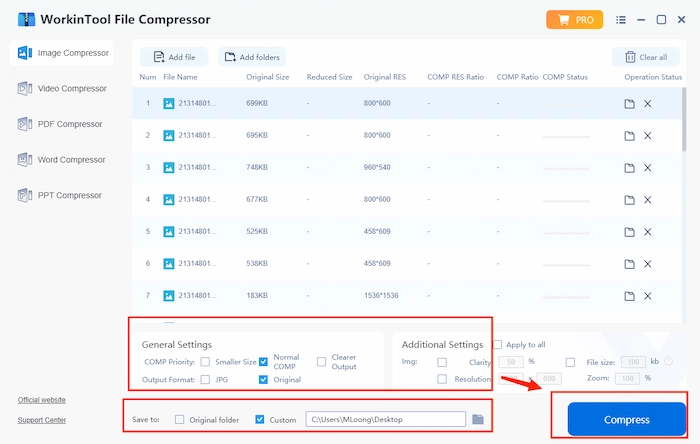 select the settings and output folder