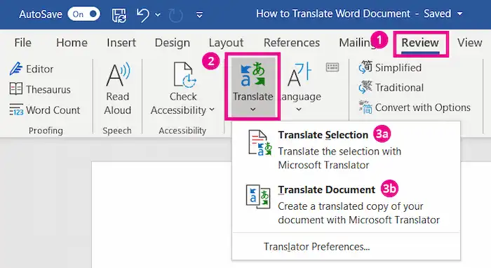 translate a document in word