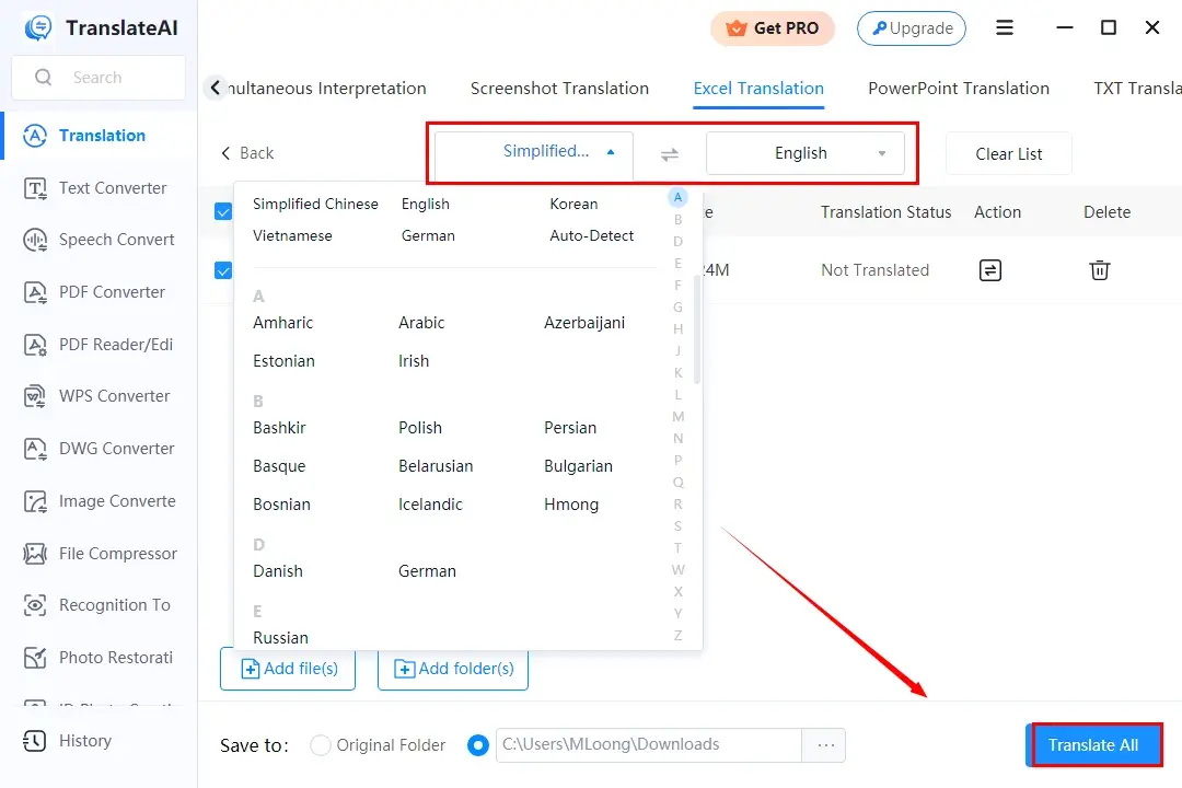 translate excel file to english on windows in workintool translateai