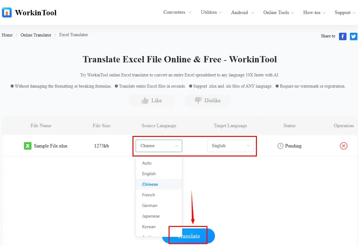 translate excel file to english online in workintool online excel translator