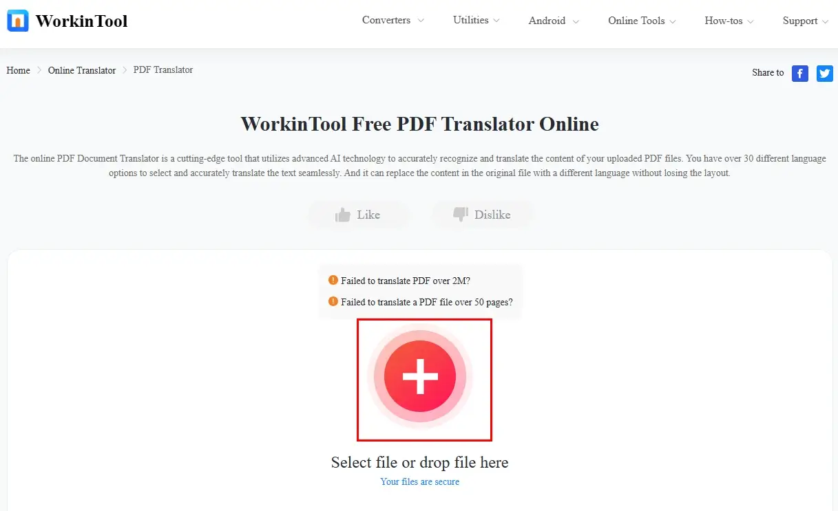 upload a pdf file to workintool online pdf translator