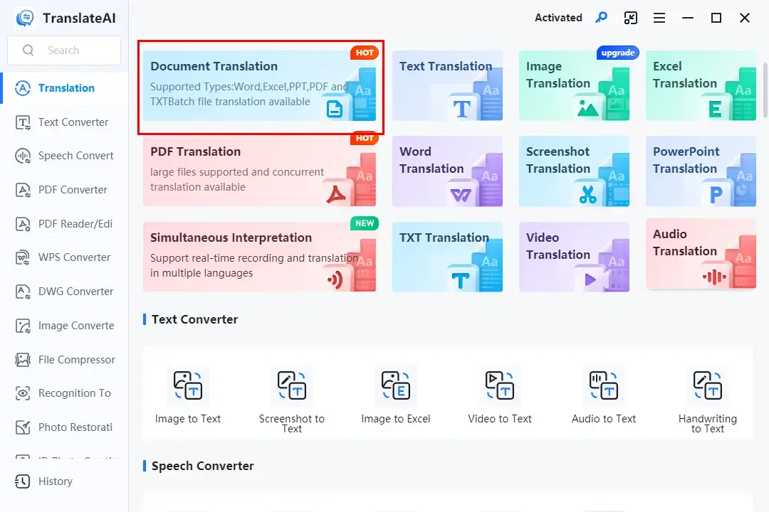 choose document translation in workintool translateai