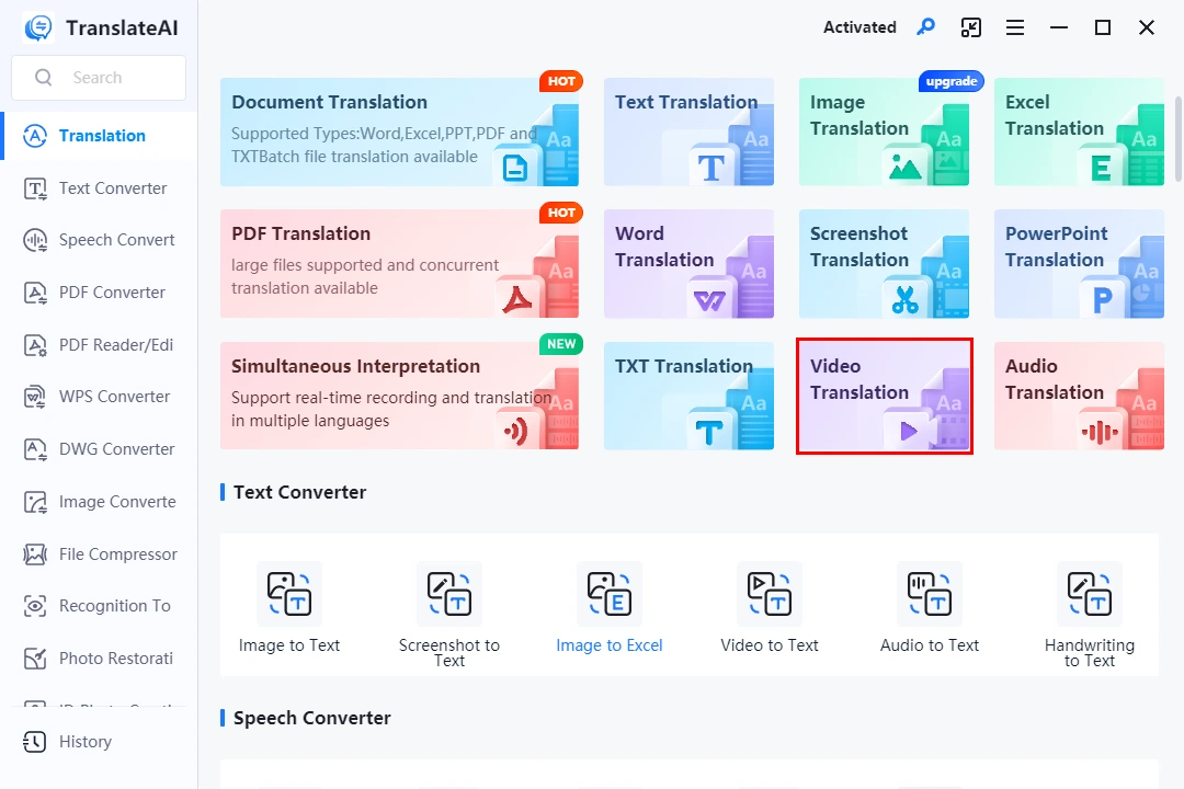 choose video translation in workintool translateai