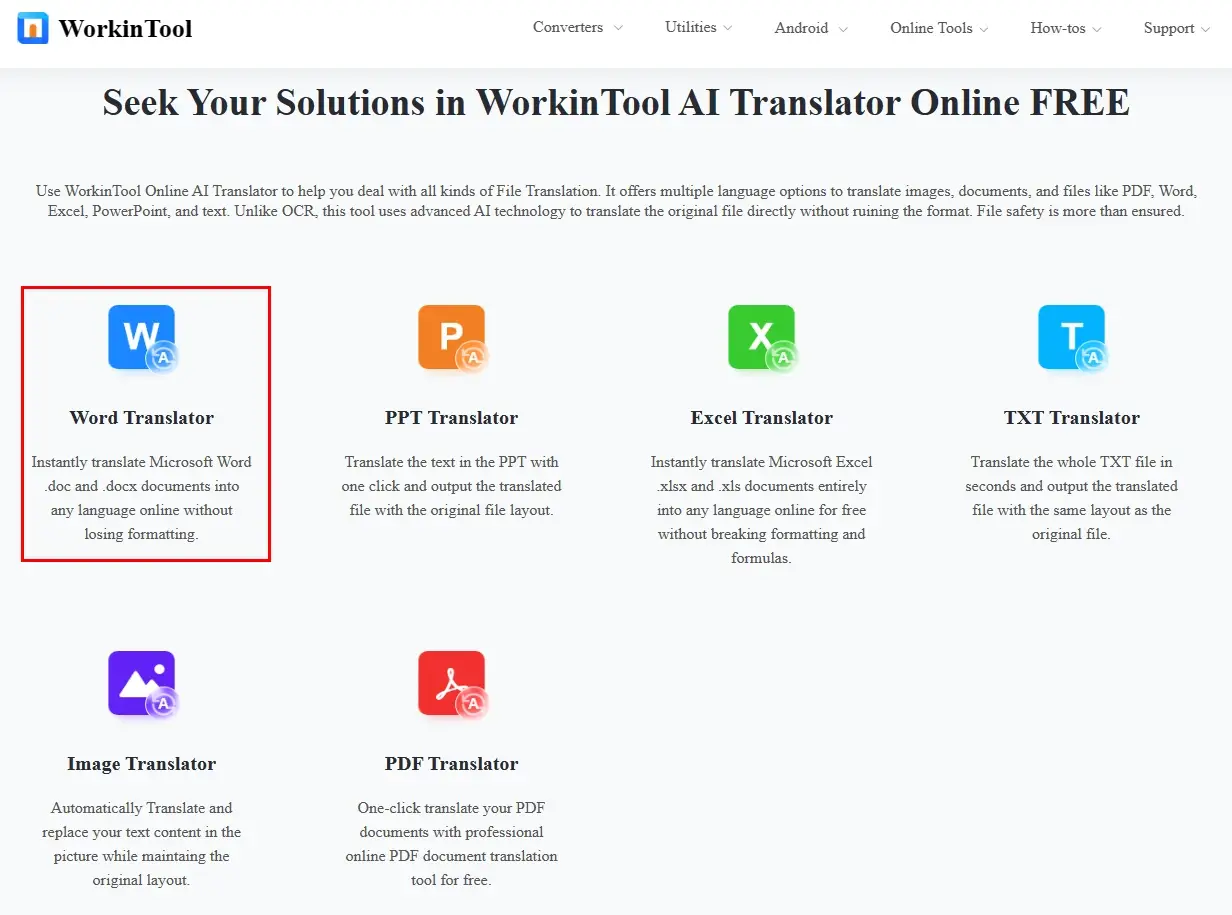 choose word translator in workintool online document translators
