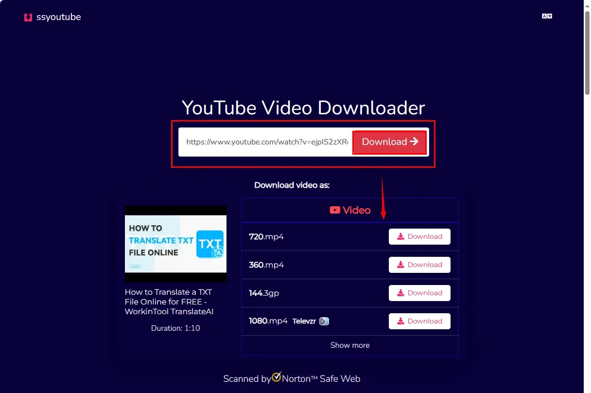 download a video from youtube via ssyoutube