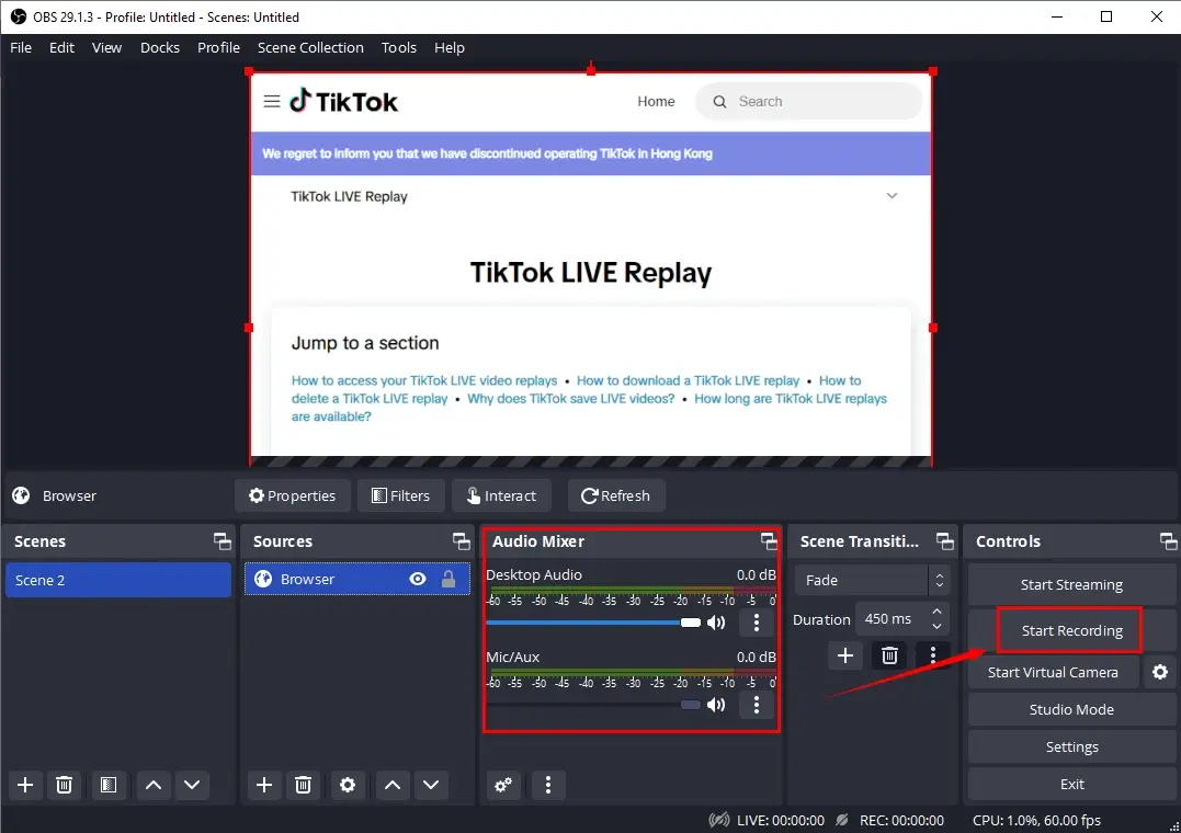 how to screen record on tiktok live in obs 2