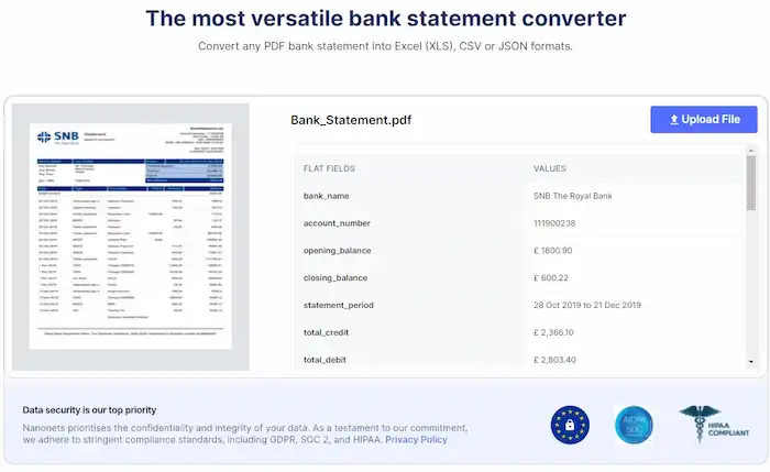 nanonets bank statement converter
