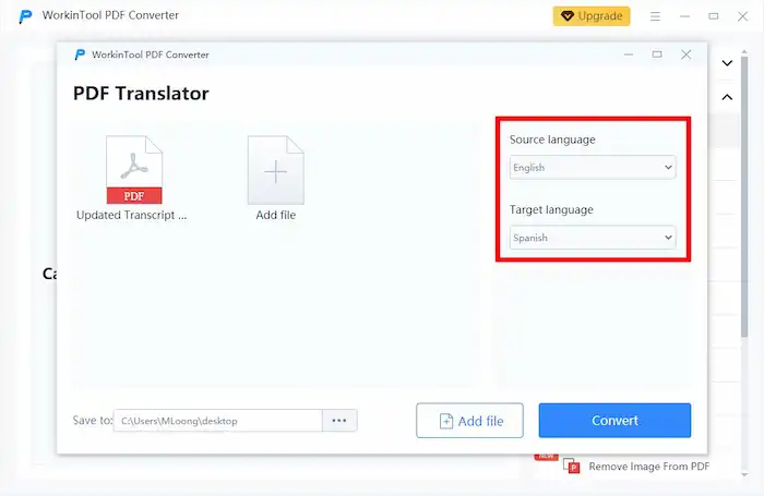 select source and target languages