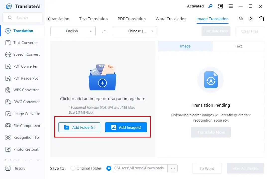 upload a document to workintool translateai image translation tool