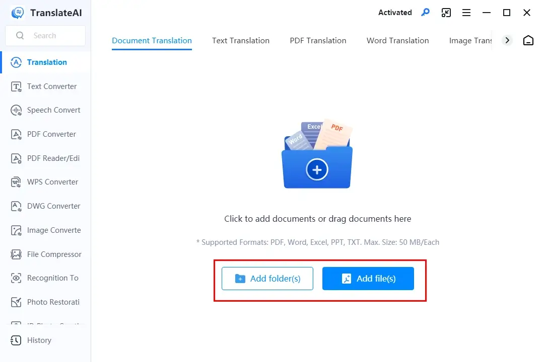 upload a file to translateai