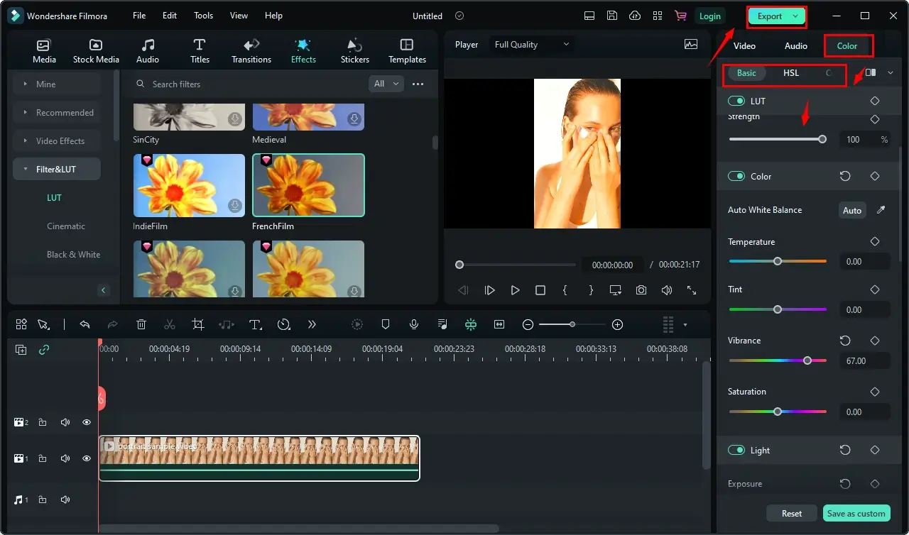 video face beautification in filmora color tool