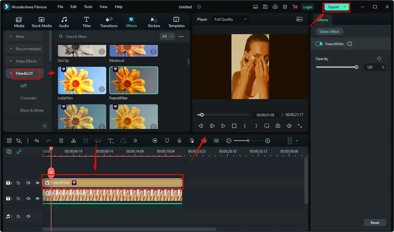 video face beautification in filmora filter tool