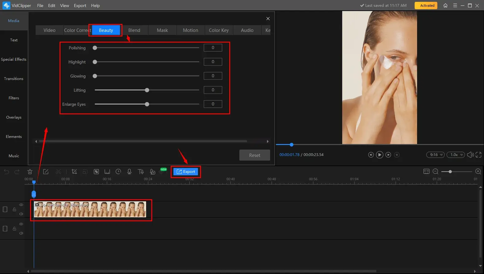 video face beautification in workintool vidclipper beauty tool