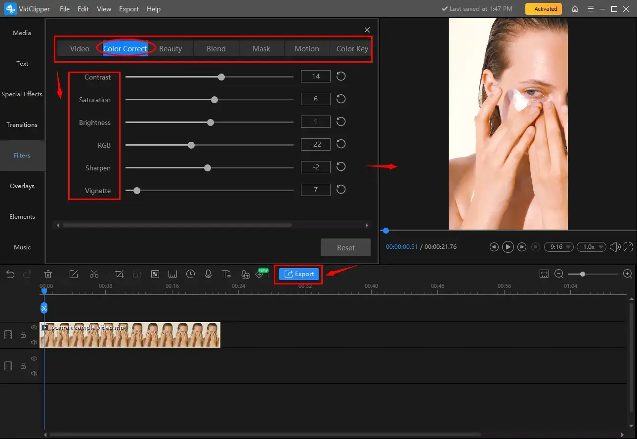 video face beautification in workintool vidclipper color correct tool