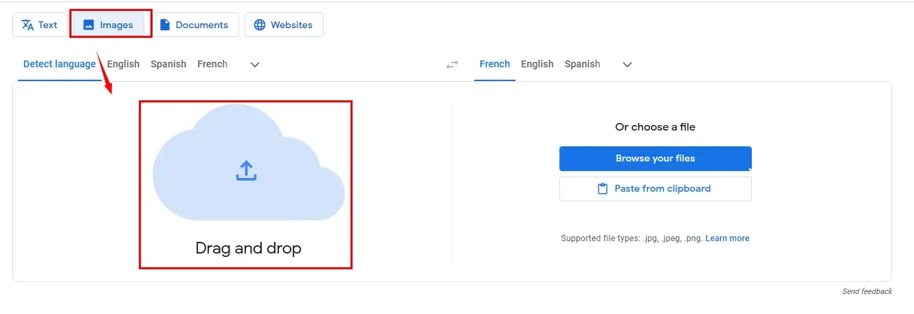 choose images and upload an image to google translate