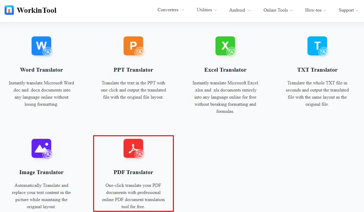 choose pdf translator in workintool online translator