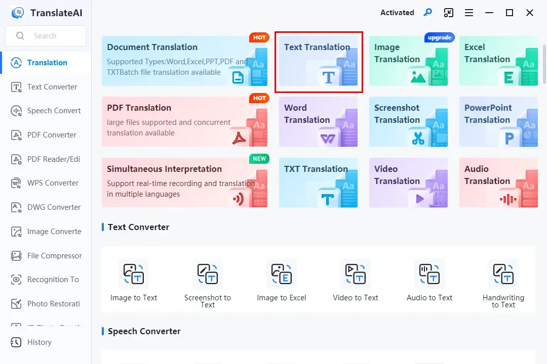 choose text translation in workintool translateai