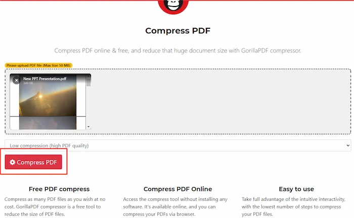 click compress pdf to start