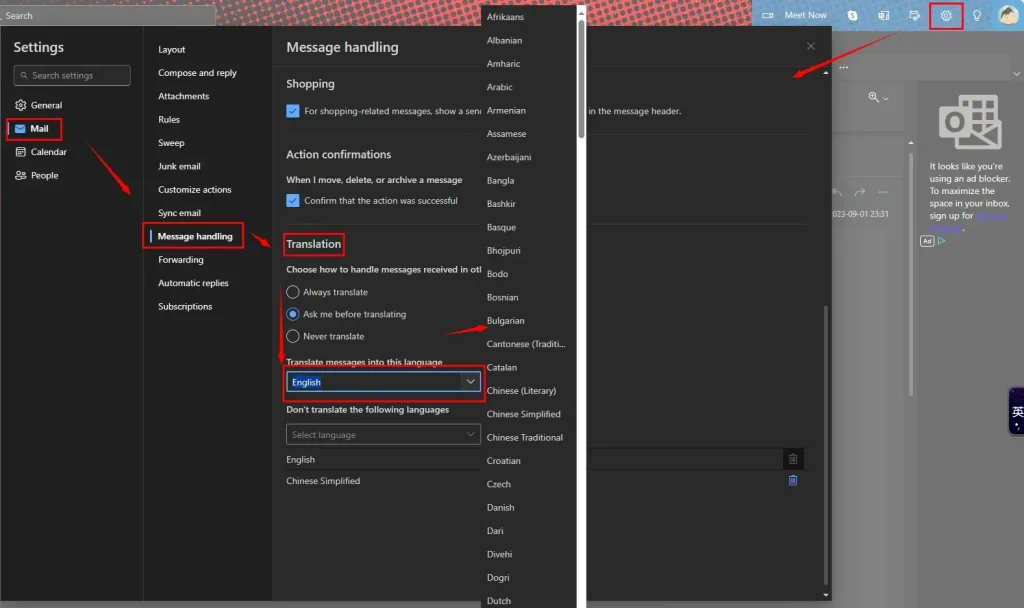 how to change translation settings in outlook