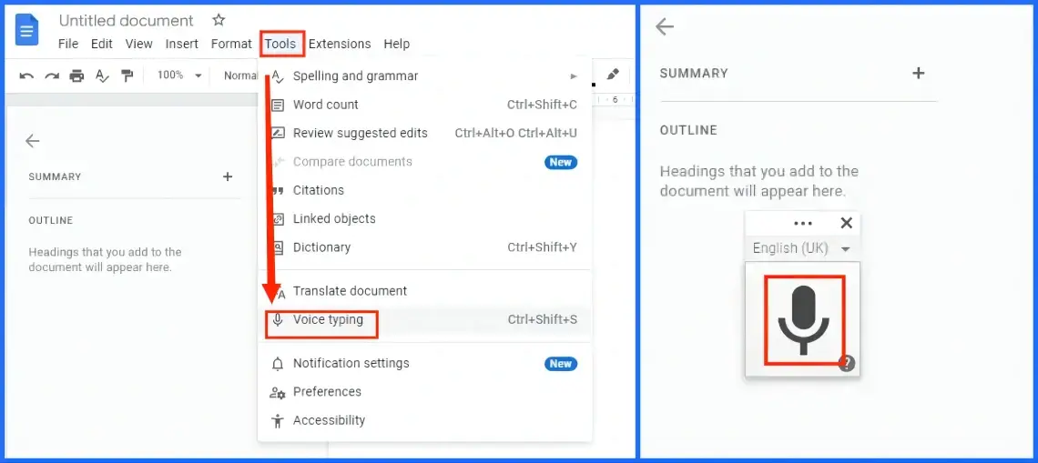 how to extract text from a youtube video using google doc voice typing