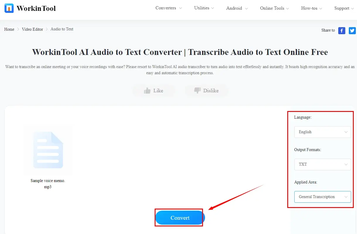 how to transcribe voice memos to text in workintool online audio transcriber 1