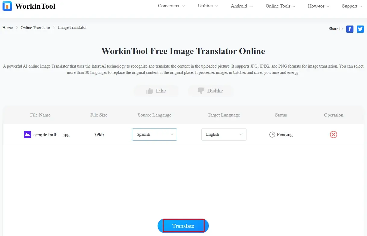 how to translate birth certificate online through workintool online image translator 1