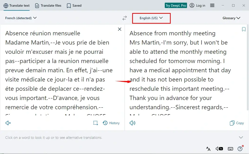how to translate emails to english in deepl text translation
