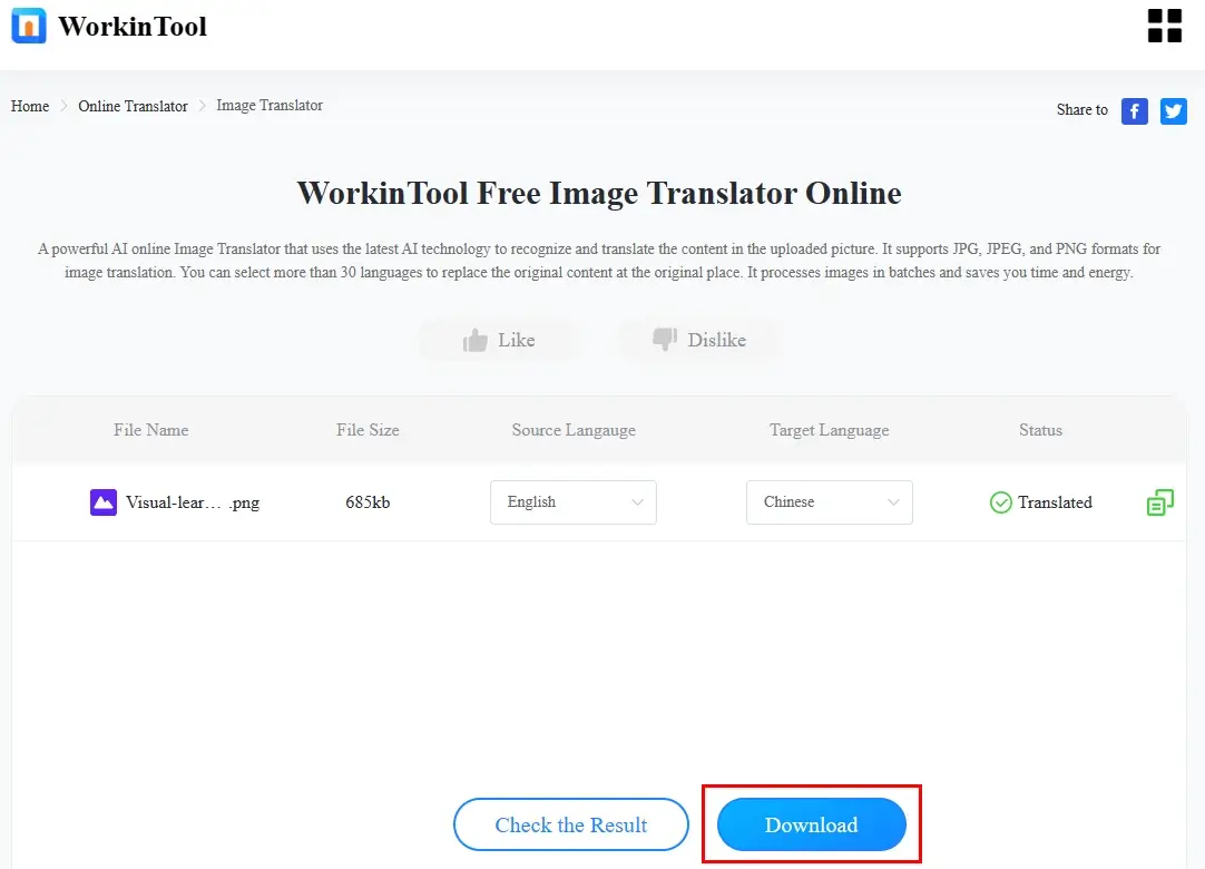 how to translate infographics online in workintool online image translator 2