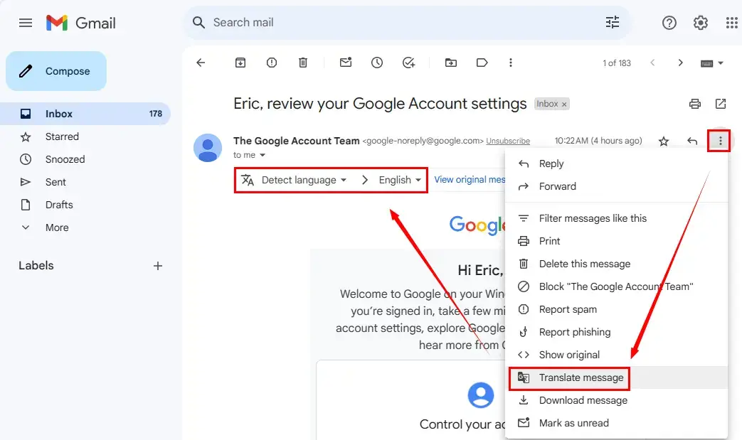 how to turn on translate in gmail