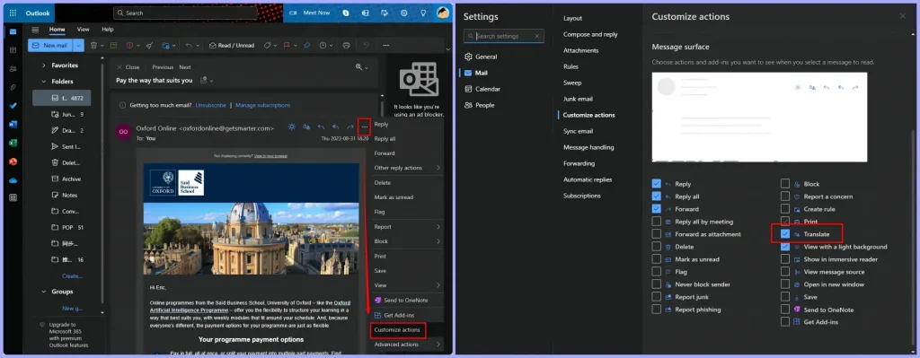 how to turn on translate in outlook