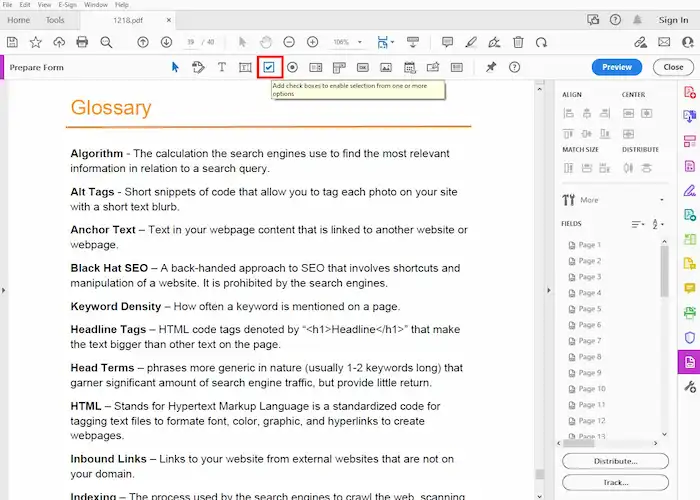 add check boxes adobe acrobat