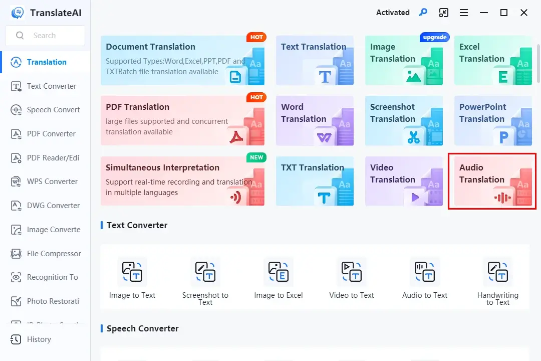 choose audio translation in workintool translateai