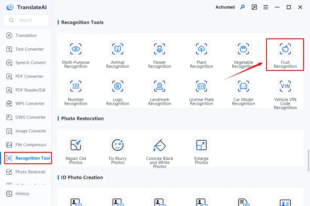 choose fruit recognition in workintool translateai