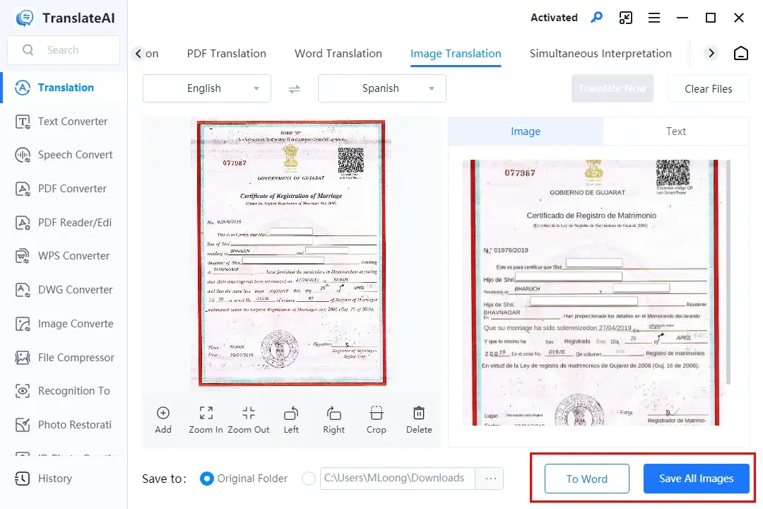 how to translate a marriage certificate in workintool translateai 2