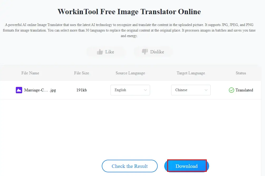 how to translate a marriage certificate online in workintool online image translator 2