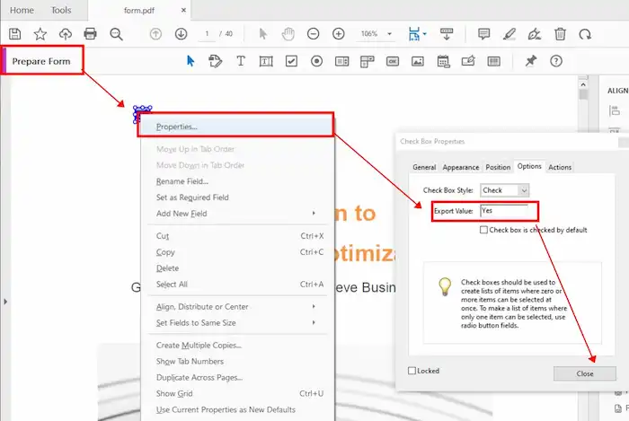 prepare form export value setting adobe