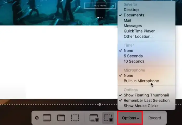 settings in mac built in screen recorder