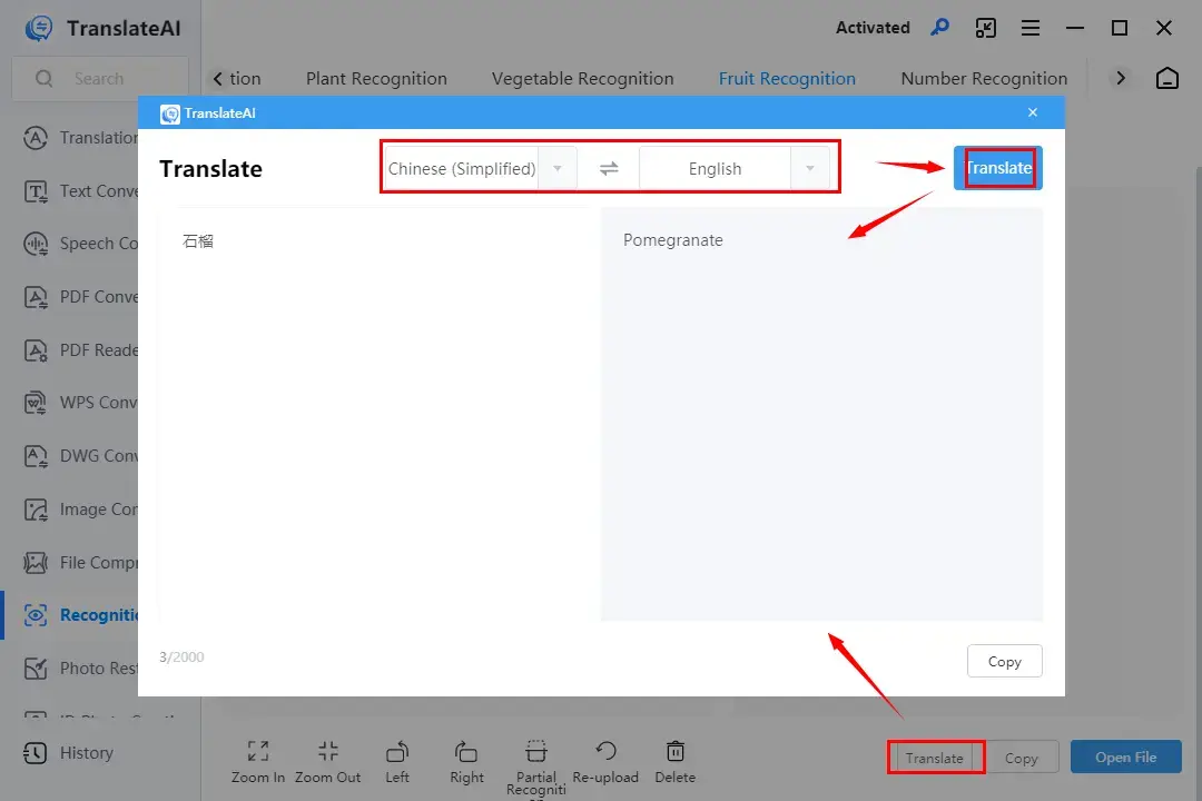 translate feature in fruit identifier in translateai