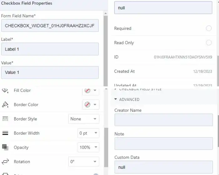 workintool checkbox field properties