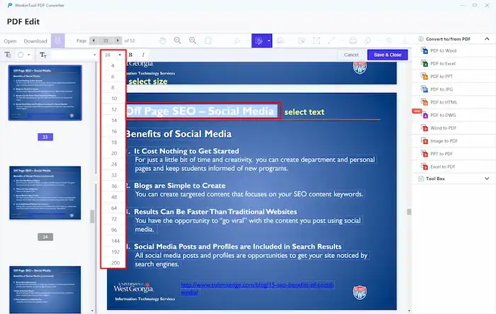 workintool edit font size in pdf