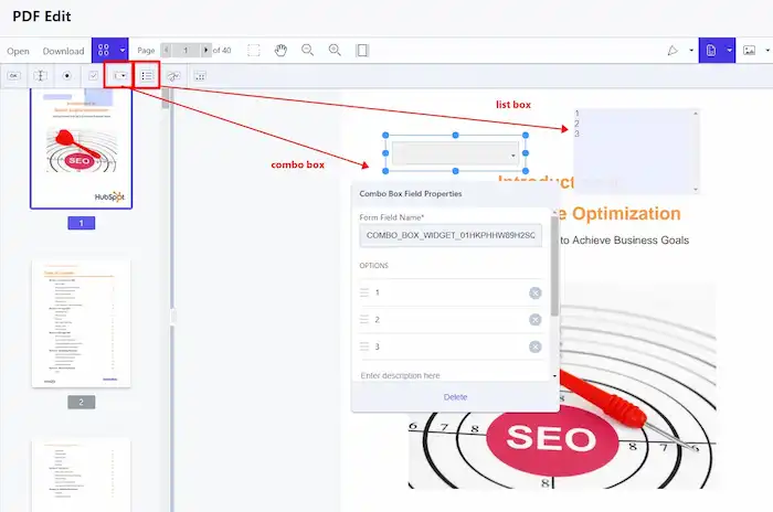 add list box and combox box to pdf workintool