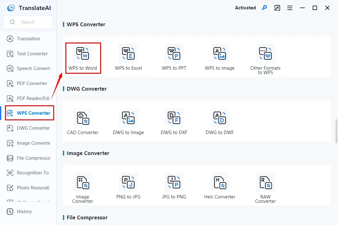 choose wps to word converter in workintool translateai