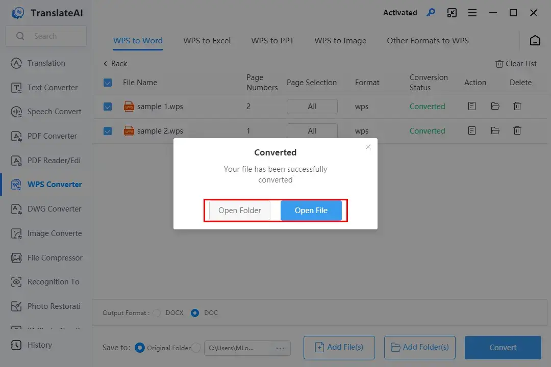 how to convert wps to word in workintool translateai 2